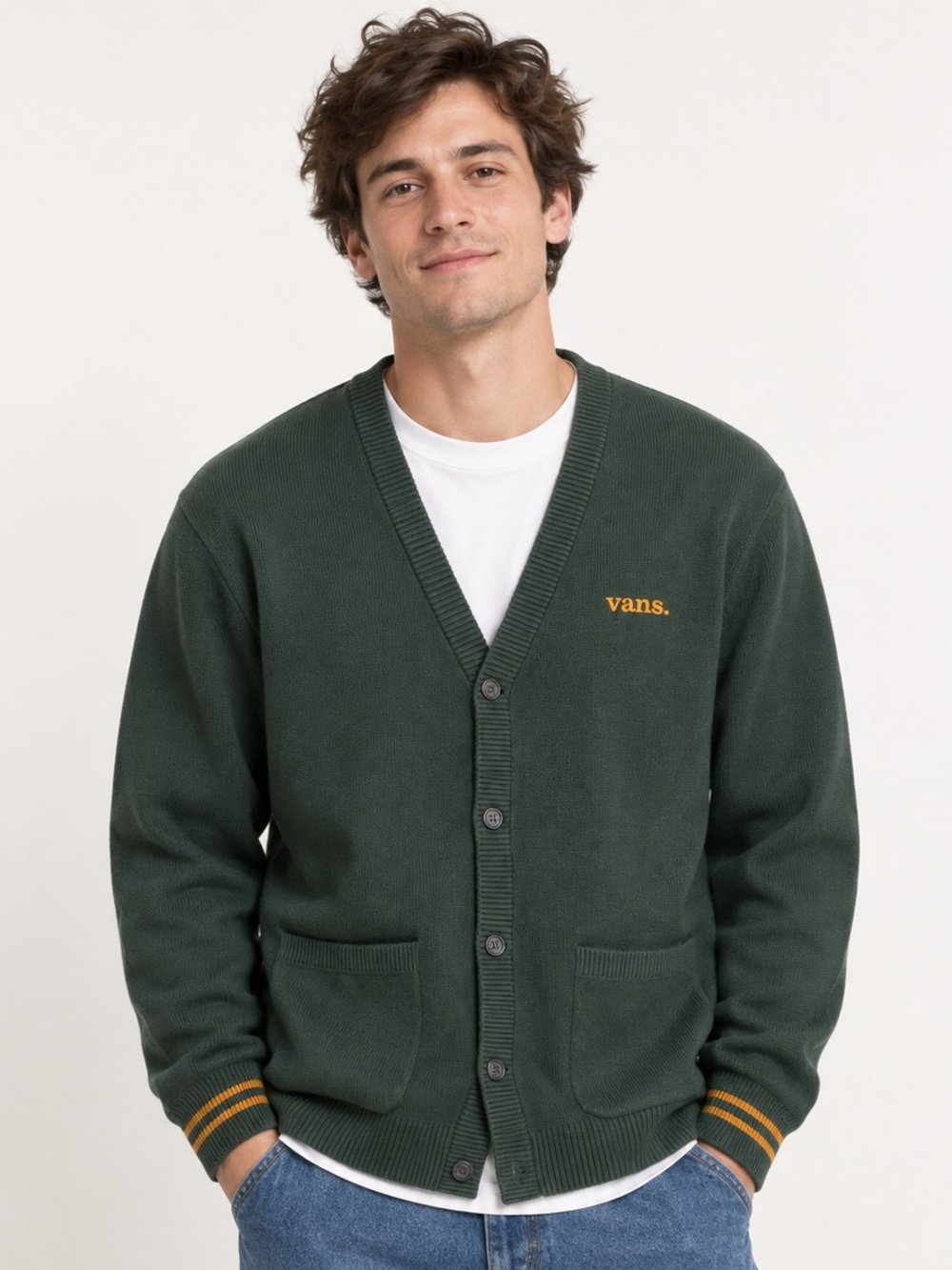 Vans Cotton Knit Cardigan Large Forest Green V-Neck Button Front Relaxed Fit
